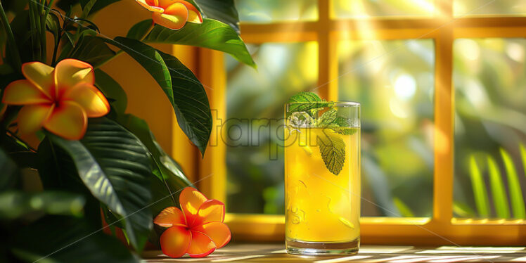 A yellow cocktail with ice on a yellow background with tropical leaves - Starpik Stock