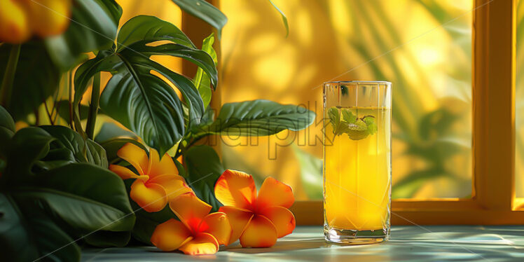 A yellow cocktail with ice on a yellow background with tropical leaves - Starpik Stock