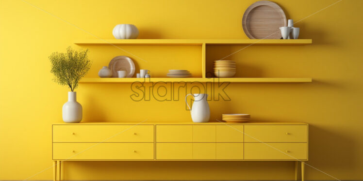 A yellow wall with wood shelves - Starpik Stock