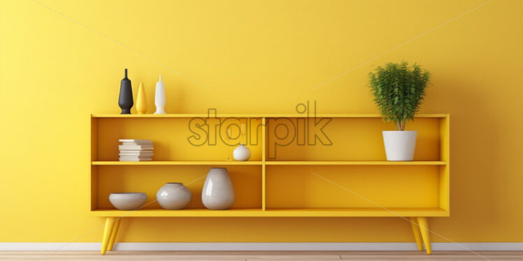 A yellow wall with wood shelves - Starpik Stock