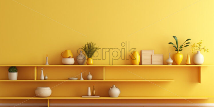 A yellow wall with wood shelves - Starpik Stock