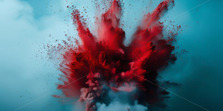 An explosion of red colored dust on a blue background - Starpik Stock