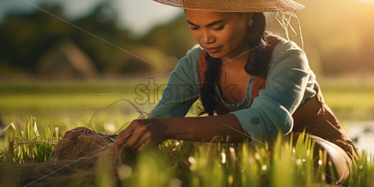 Asian woman collecting rice working in the country field - Starpik Stock