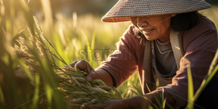 Asian woman collecting rice working in the country field - Starpik Stock