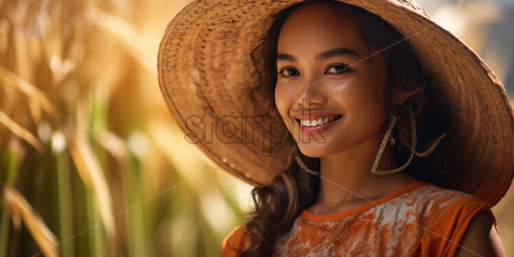 Asian woman collecting rice working in the country field - Starpik Stock