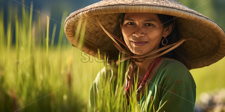 Asian woman collecting rice working in the country field - Starpik Stock