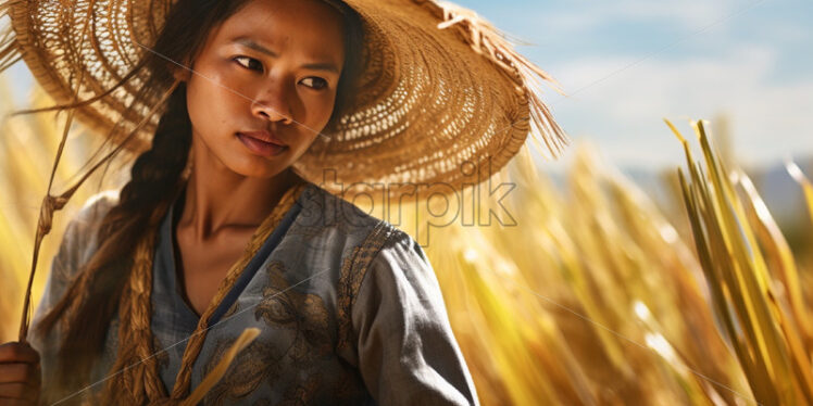 Asian woman collecting rice working in the country field - Starpik Stock