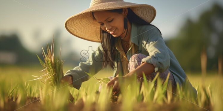 Asian woman collecting rice working in the country field - Starpik Stock