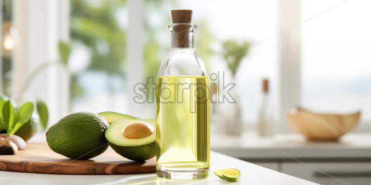 Avocado oil bottle on a natural background - Starpik Stock