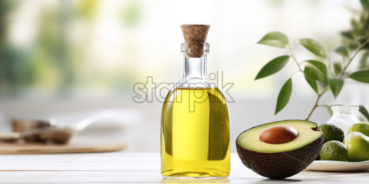 Avocado oil bottle on a natural background - Starpik Stock