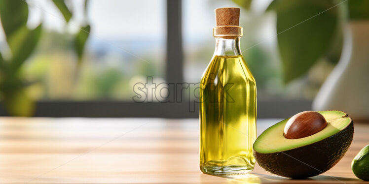 Avocado oil bottle on a natural background - Starpik Stock