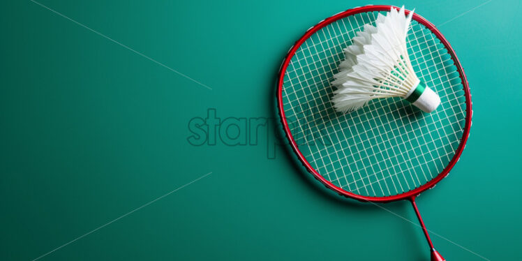 Badminton racket with red grip, shuttlecock with feathered base, court lines painted in white on green surface - Starpik Stock