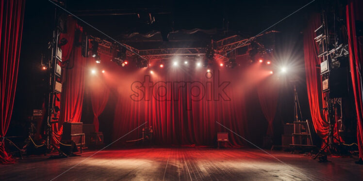 Behind the scene of a red theatre stage with lights - Starpik Stock