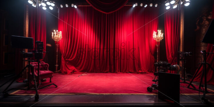 Behind the scene of a red theatre stage with lights - Starpik Stock