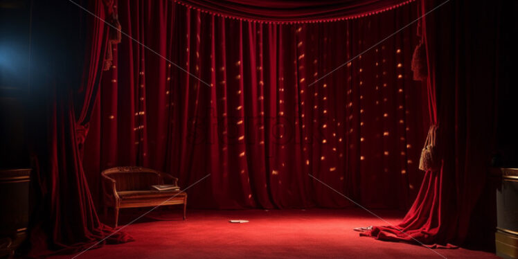 Behind the scene of a red theatre stage with lights - Starpik Stock