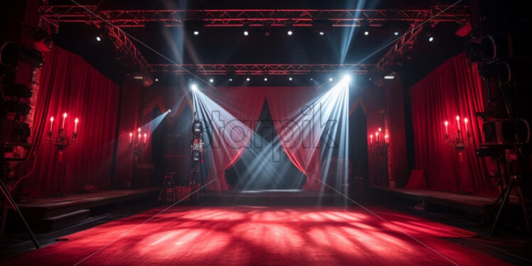 Behind the scene of a red theatre stage with lights - Starpik Stock