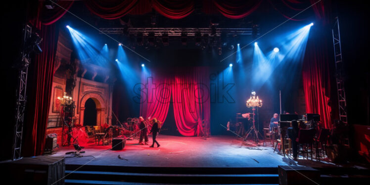 Behind the scene of a red theatre stage with lights - Starpik Stock