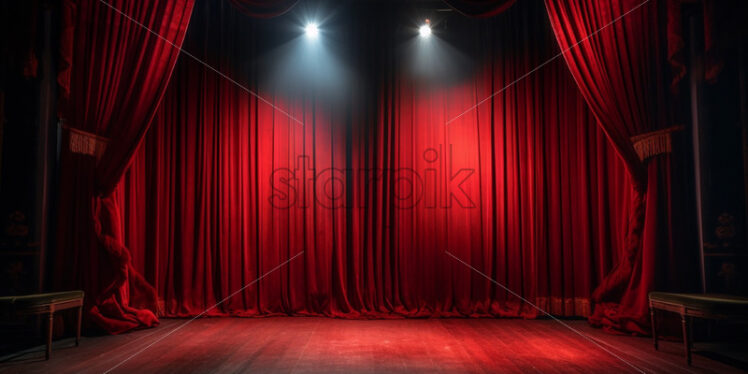 Behind the scene of a red theatre stage with lights - Starpik Stock