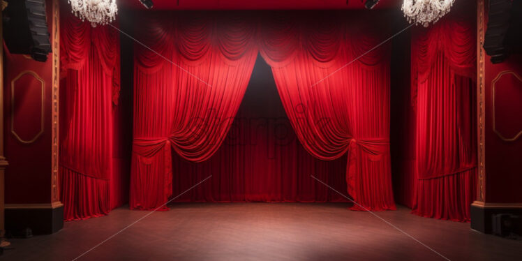 Behind the scene of a red theatre stage with lights - Starpik Stock