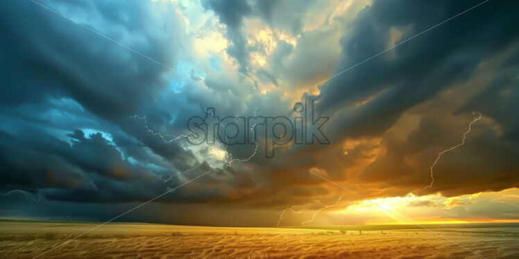 Black clouds with lightning over a plain, the sun comes out - Starpik Stock