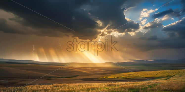 Black clouds with lightning over a plain, the sun comes out - Starpik Stock