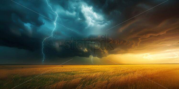 Black clouds with lightning over a plain, the sun comes out - Starpik Stock