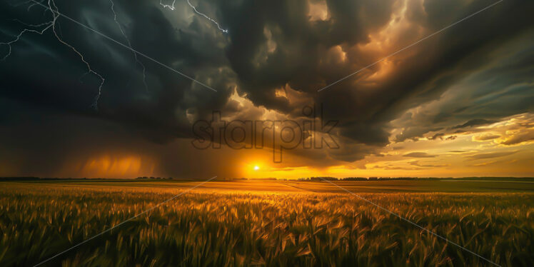 Black clouds with lightning over a plain, the sun comes out - Starpik Stock