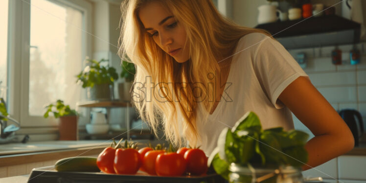 Blonde woman weighing vegetables on kitchen scale - Starpik Stock