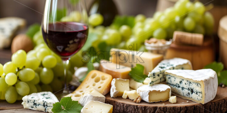 Cheese and grapes on a plate, with a glass of red wine - Starpik Stock