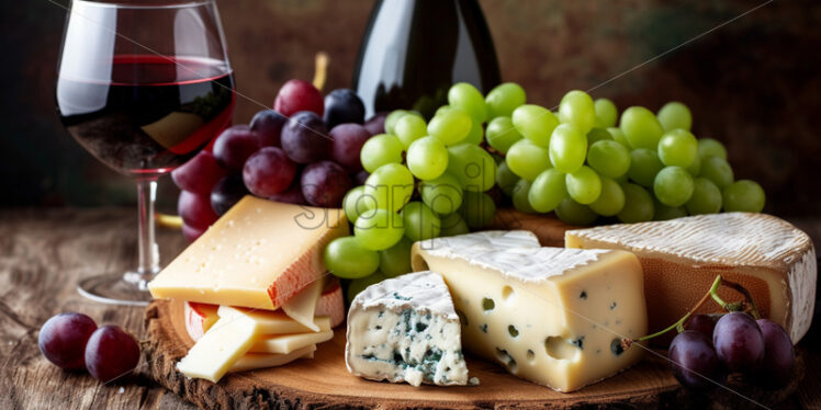 Cheese and grapes on a plate, with a glass of red wine - Starpik Stock
