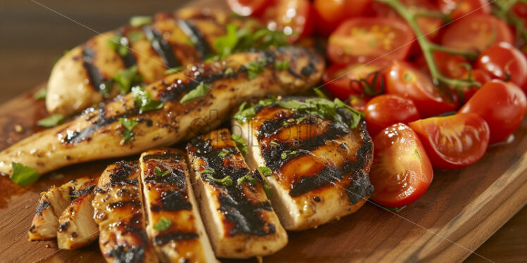 Chicken meat with tomatoes on a wooden bottom - Starpik Stock