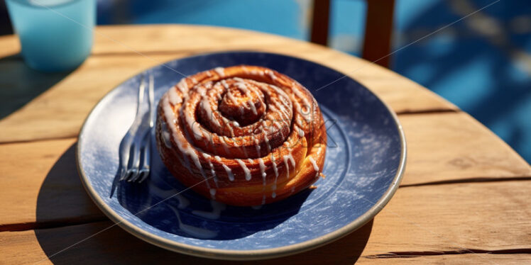 Cinnamon bun delicious on a blue plate - Starpik Stock