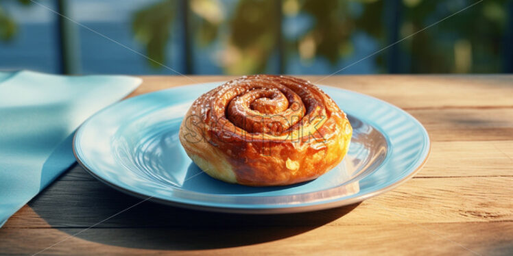 Cinnamon bun delicious on a blue plate - Starpik Stock