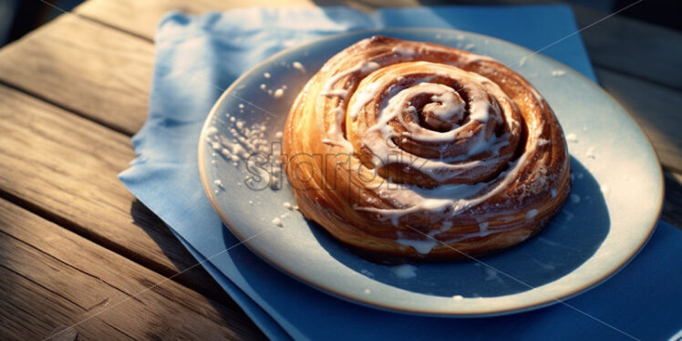 Cinnamon bun delicious on a blue plate - Starpik Stock