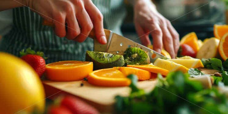 Close-up of hands chopping colorful fruits - Starpik Stock