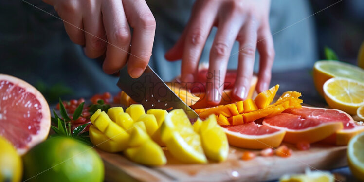 Close-up of hands chopping colorful fruits - Starpik Stock