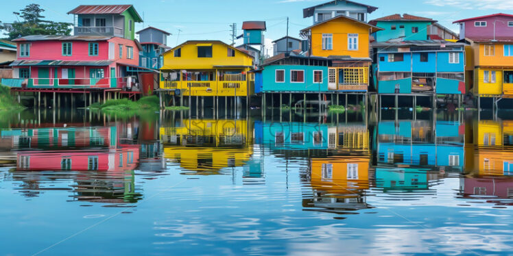 Colorful houses that are reflected in the water of a lake - Starpik Stock