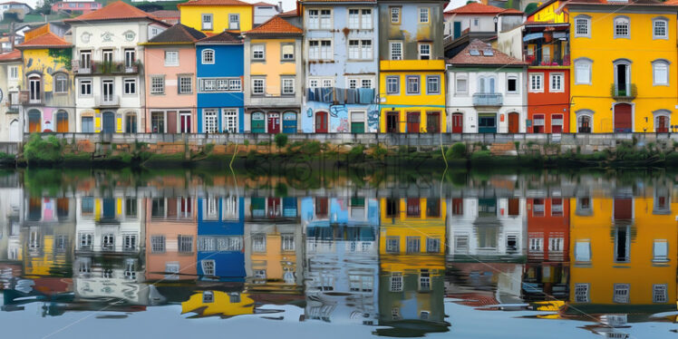 Colorful houses that are reflected in the water of a lake - Starpik Stock