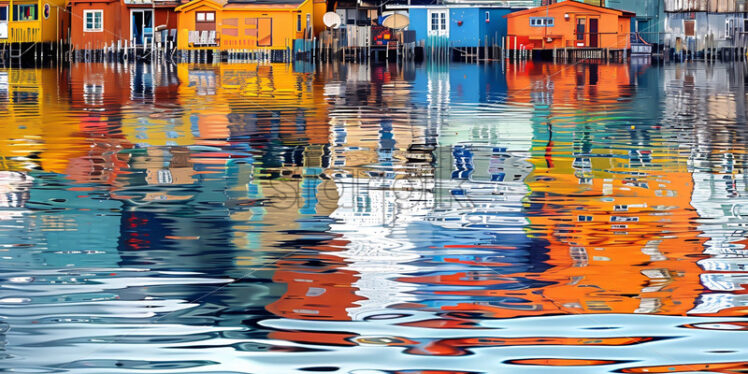 Colorful houses that are reflected in the water of a lake - Starpik Stock