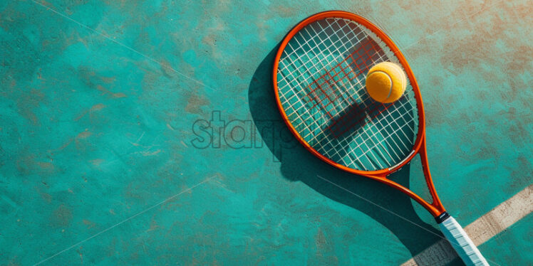  Composition with tennis racket, ball, net on hard court - Starpik Stock