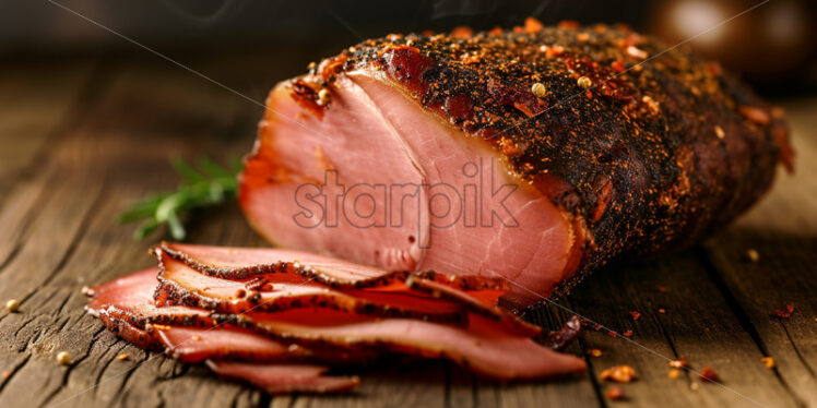 Delicious sliced ​​meat on an old wooden table - Starpik Stock