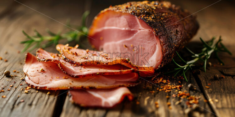 Delicious sliced ​​meat on an old wooden table - Starpik Stock