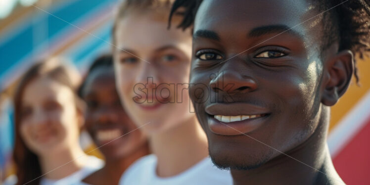 Diverse group posing before olympics backdrop - Starpik Stock