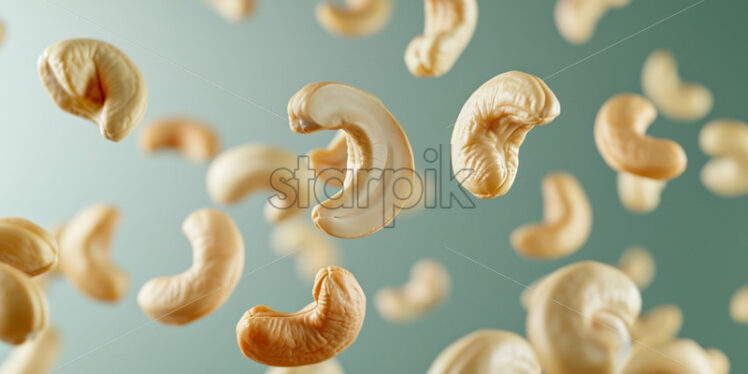 Falling cashew nuts on a pale green background - Starpik Stock