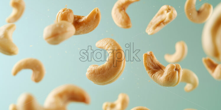 Falling cashew nuts on a pale green background - Starpik Stock