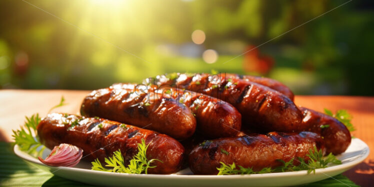 Grilled sausages on a plate outdoors - Starpik Stock