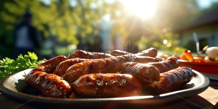 Grilled sausages on a plate outdoors picnic - Starpik Stock