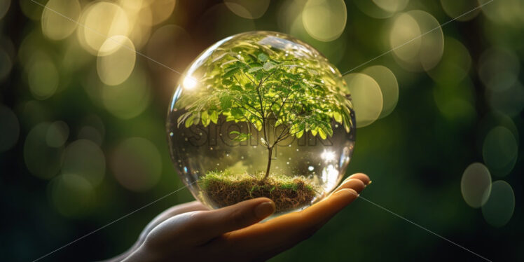 Hand holding a glass sphere with tree inside nature environment concept - Starpik Stock