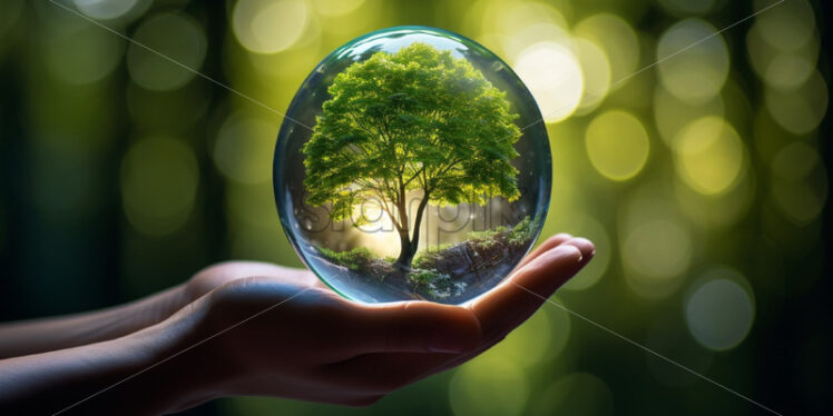 Hand holding a glass sphere with tree inside nature environment concept - Starpik Stock