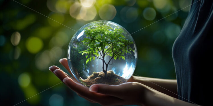 Hand holding a glass sphere with tree inside nature environment concept - Starpik Stock